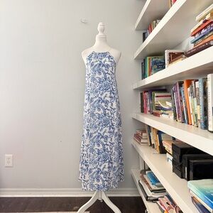 Caroline Constas Blue and White Linen Floral Maxi Dress Large